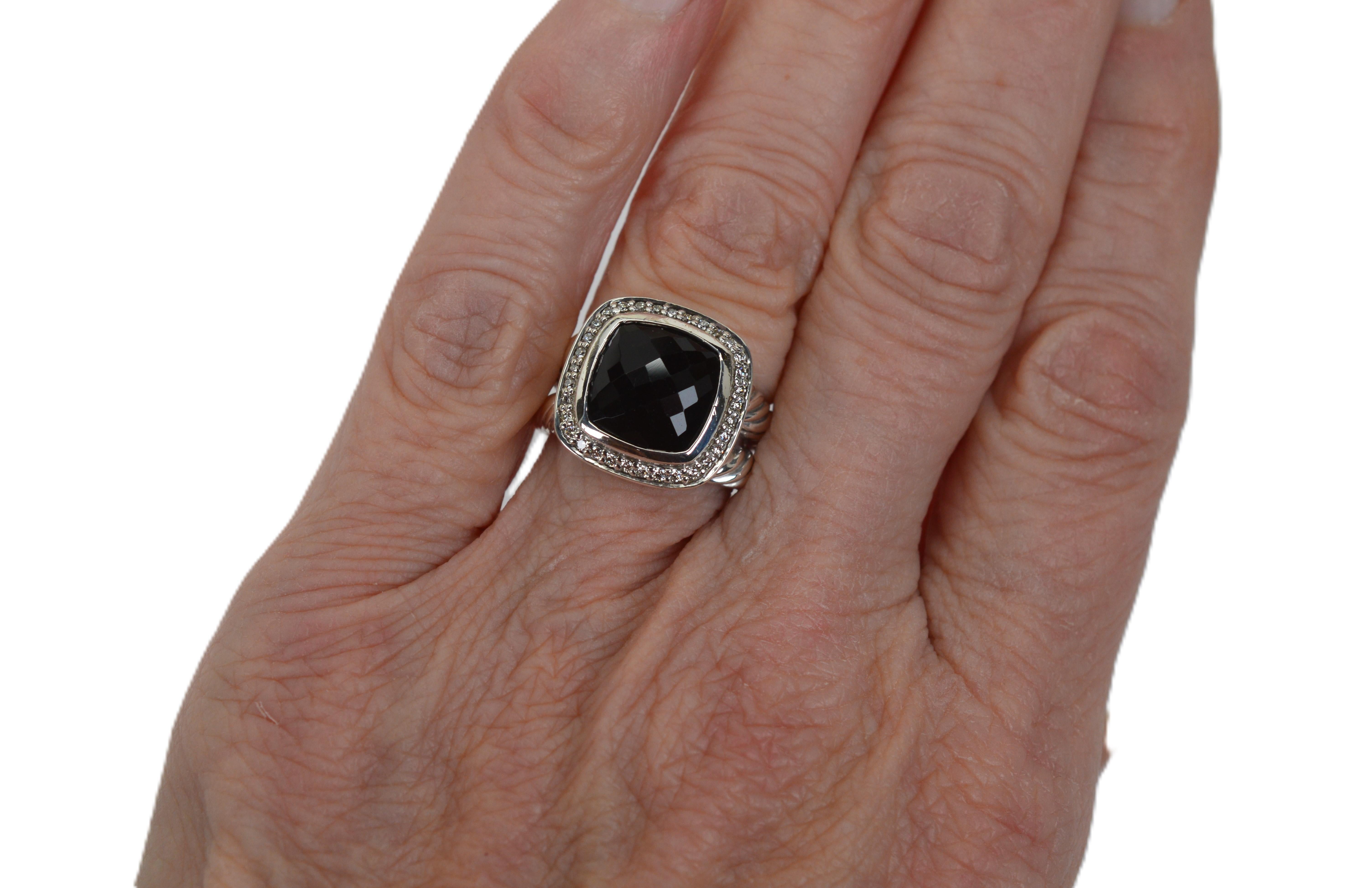 David Yurman Albion Onyx Sterling Silver Diamond Ring (Kissenschliff) im Angebot