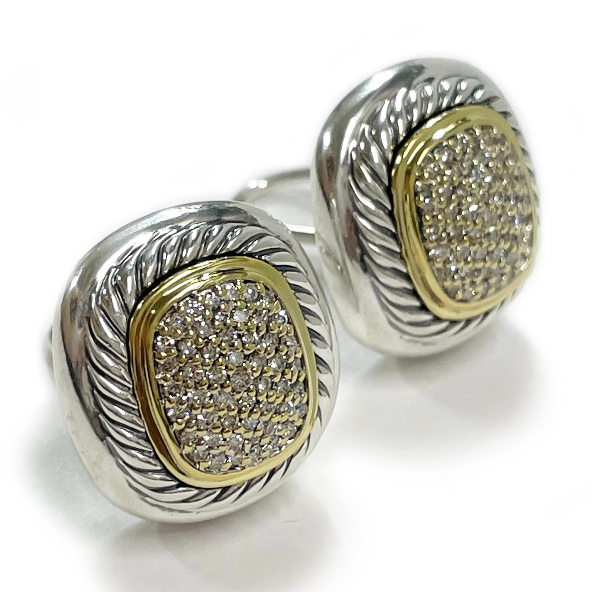 David Yurman Albion Pave Diamond Clip-On Earrings. The earrings feature a sterling silver bezel with classic Yurman cable surround, a dual 14 karat yellow gold detail and one hundred round pave set brilliant-cut diamonds for a carat total weight of