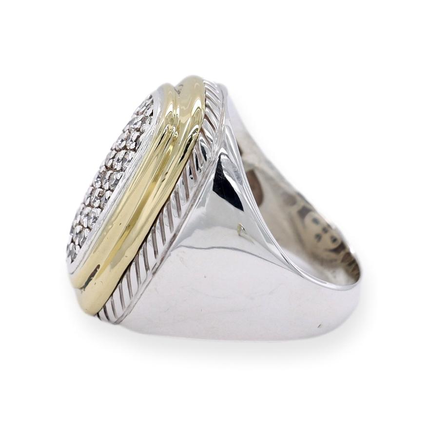 Round Cut David Yurman Albion Paved Diamond Silver and 18k Gold Elongated Cocktail Ring