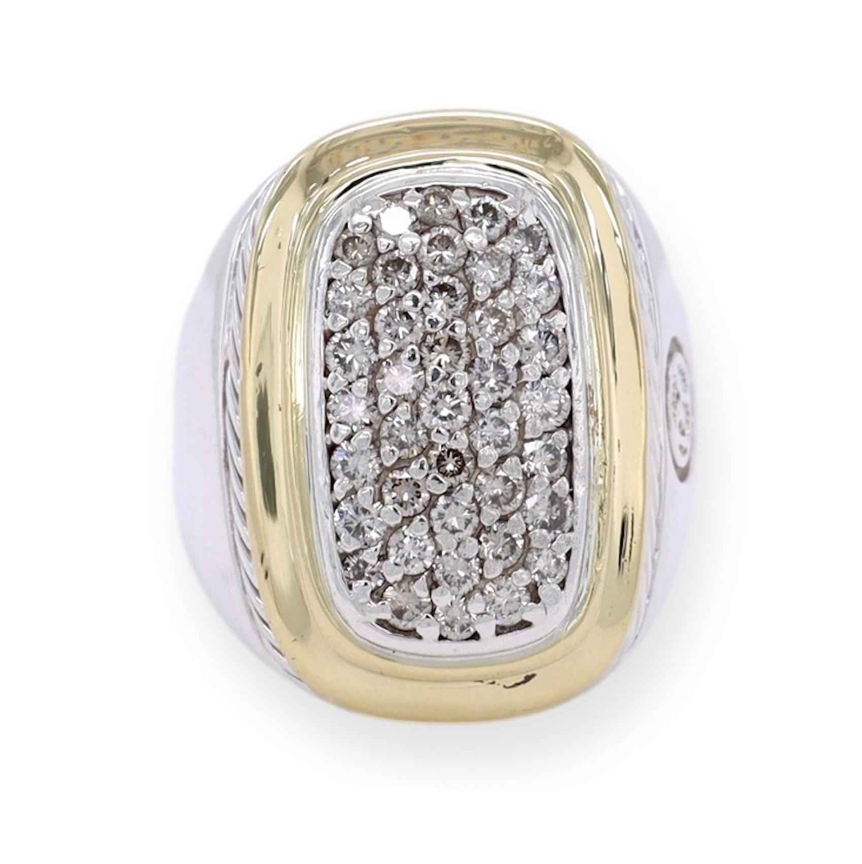 David Yurman Albion Paved Diamond Silver and 18k Gold Elongated Cocktail Ring In Excellent Condition In New York, NY