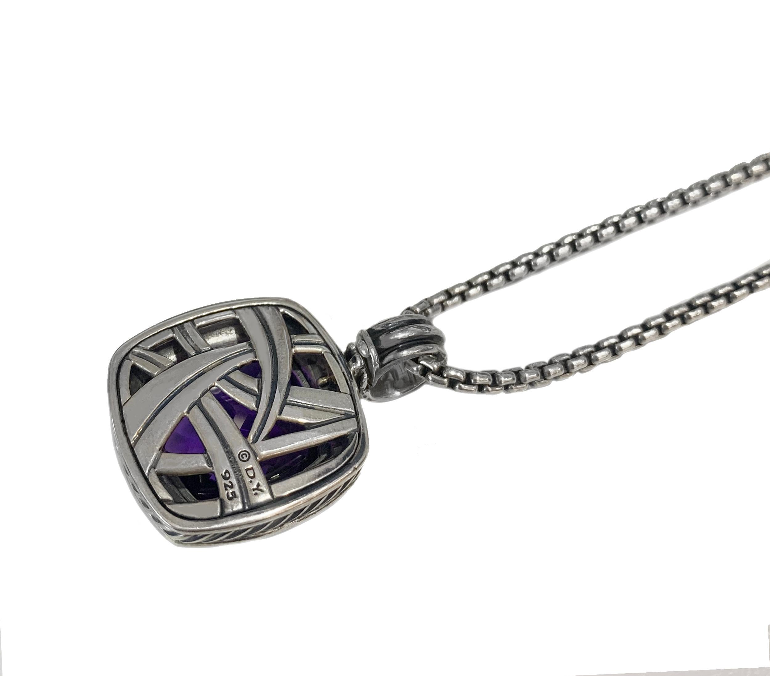 - Sterling silver
- Faceted amethyst, 17 x 17mm
- Pave diamonds, 0.41 total carat weight
- Pendant, 23 x 23mm
- Chain length 20