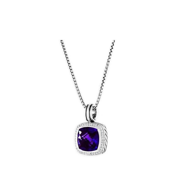 -Sterling Silver
-Pendant, 20.5 x 20.5mm
-Amethyst, 14 x 14 mm
-Pave diamonds, 0.40 total carat weight
-Hinged cable bale
-Baby box chain, 1.7mm
-20'' chain length

New without Tags (never worn)
*David Yurman pouch included.

RETAIL: $ 1725