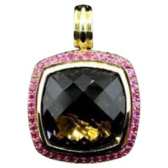 David Yurman Albion Pendant Necklace Smoky Quartz Ruby 18k Yellow Gold 20mm