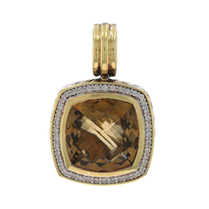 Retail Price: $1950

Brand: David Yurman
Collection: Albion
Design:  Enhancer Pendant

Metal Content: Sterling Silver & 18k Yellow Gold

Stone Information

Natural Smoky Quartz
Cut: Square Cushion Checkerboard
Center Stone's Size: 14mm

Natural