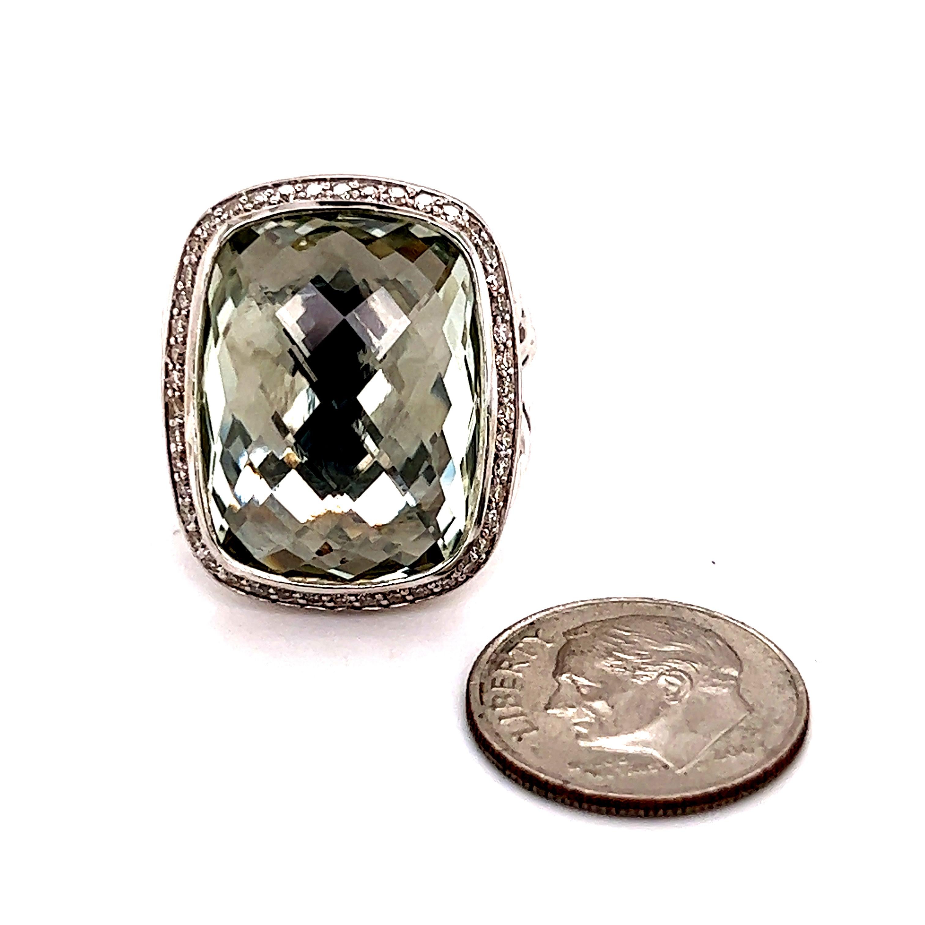 Cushion Cut David Yurman Estate Albion Prasiolite Diamond Ring Sterling Silver 18.4 Grams