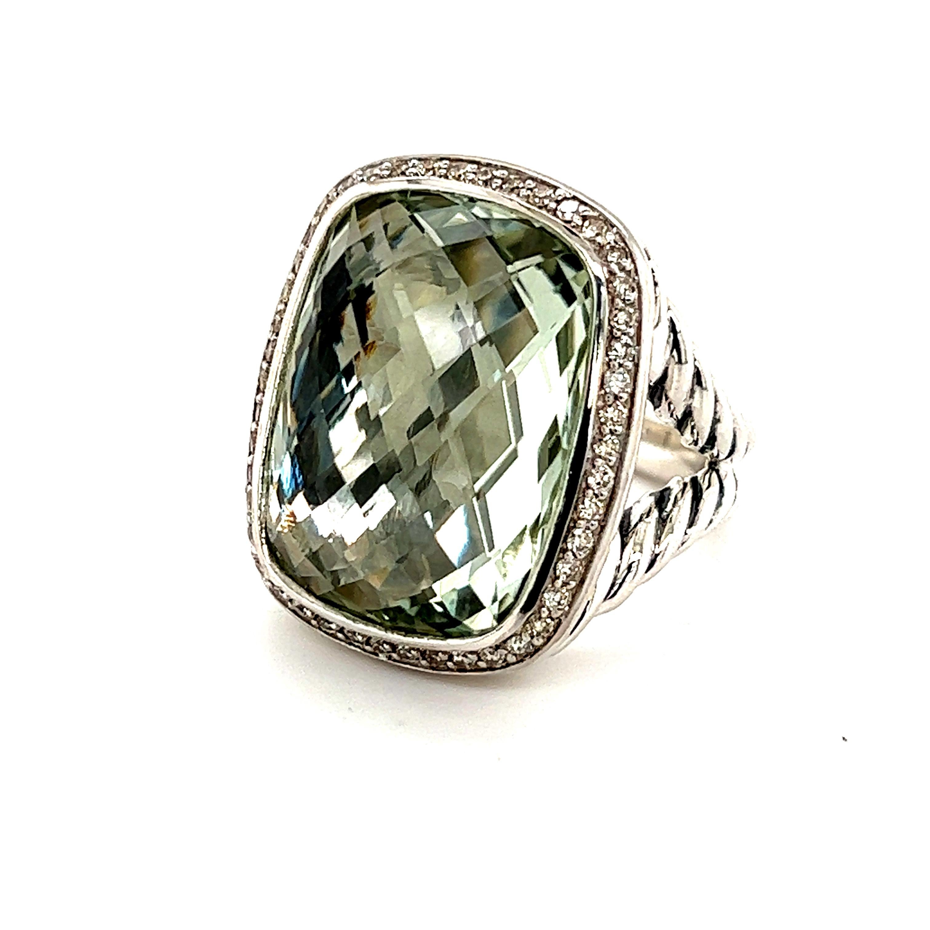 David Yurman Estate Albion Prasiolite Diamond Ring Sterling Silver 18.4 Grams In Good Condition In Brooklyn, NY