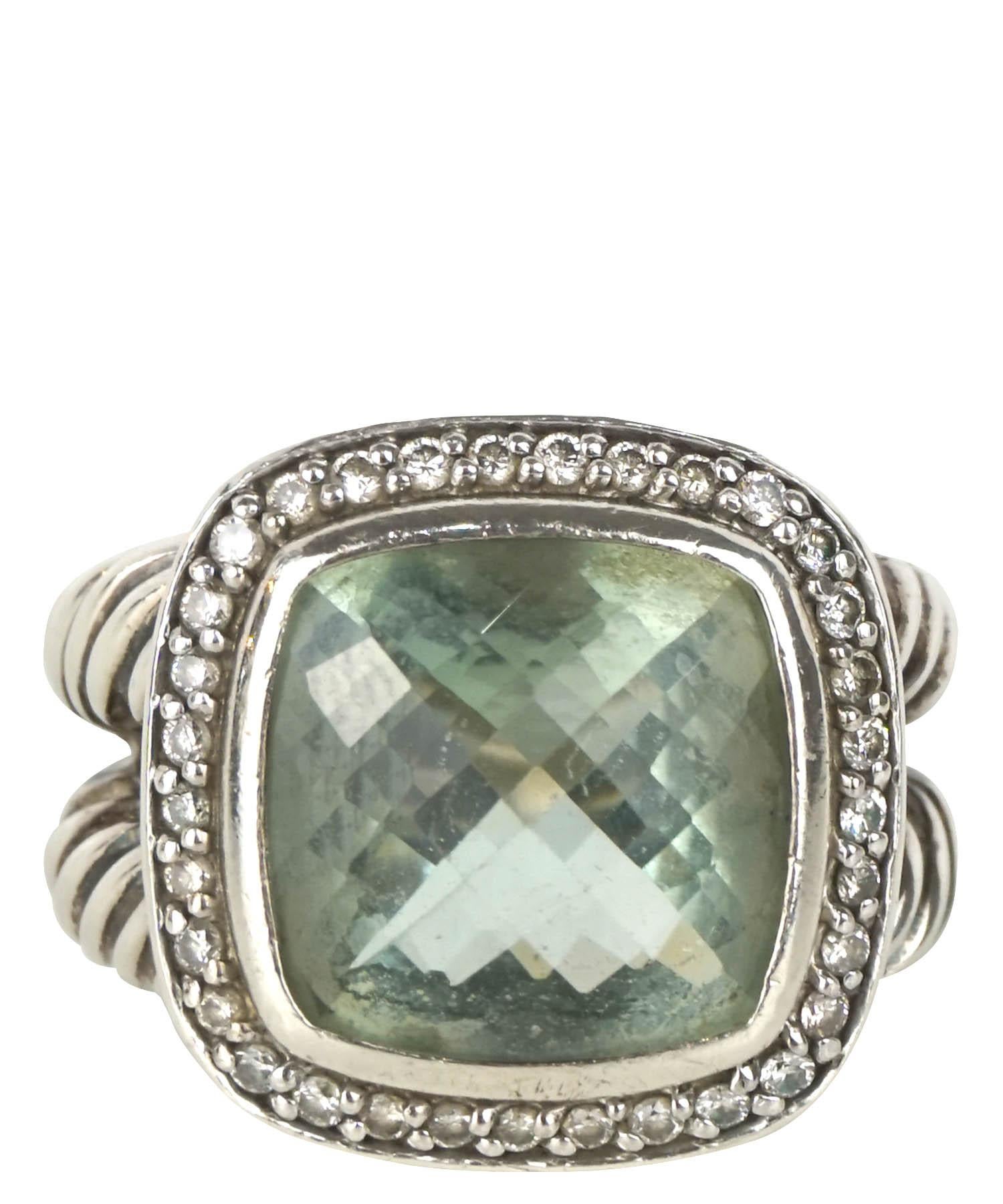 David Yurman Albion ring features two thick cable wrapped bands with a faceted cushion cut prasiolite gemstone center bordered by pave diamonds. US size 4.75. Made in New York, USA. Ring is in excellent condition and shows no sign of use. Makers