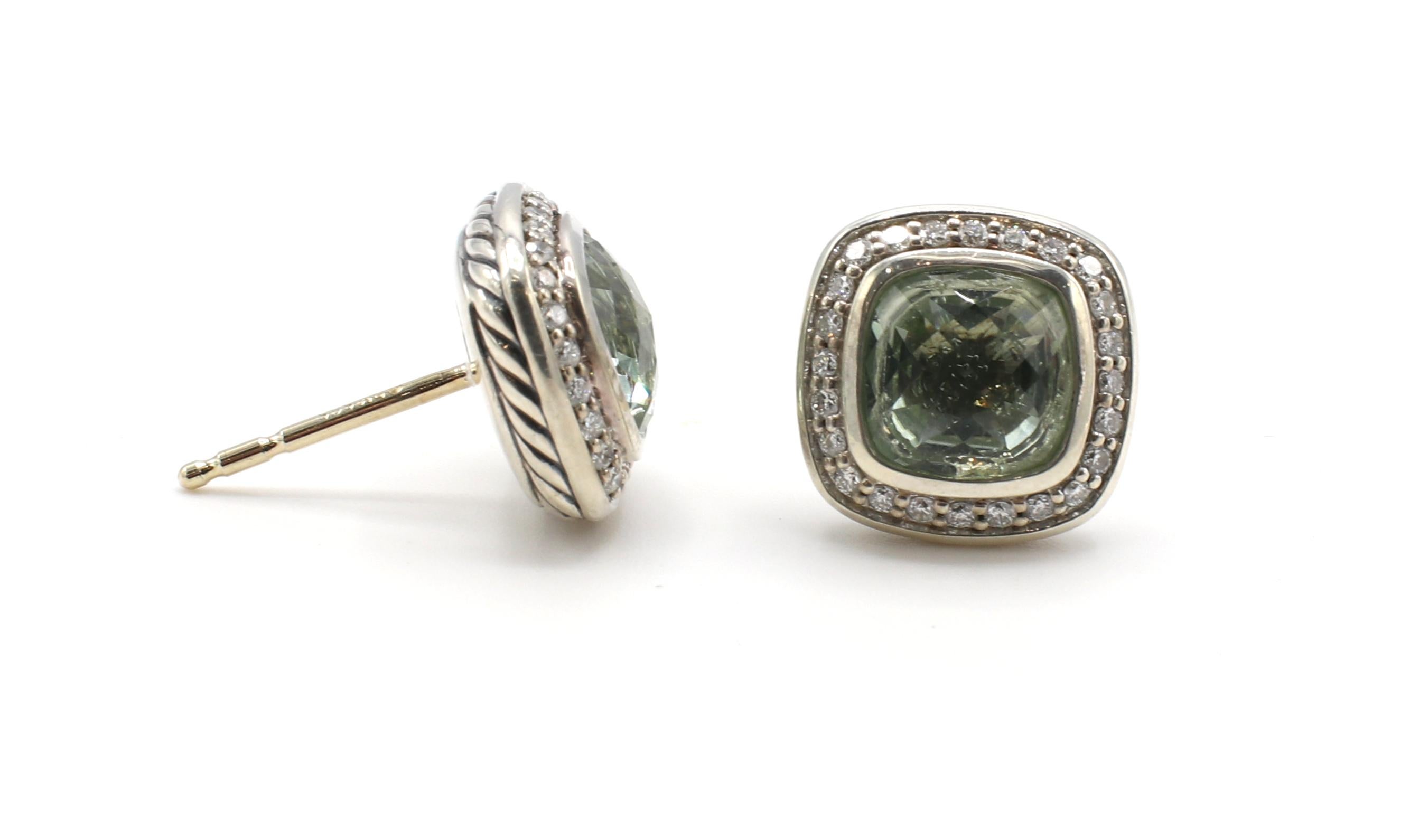 David Yurman Albion Prasiolite & Diamond Sterling Silver Stud Earrings 
Metal: Sterling silver, 14k yellow gold posts 
Weight: 6.35 grams
Diamonds: Approx. .25 CTW G VS
Gemstone: Prasiolite, 7mm
Width: 11mm
Length: 11mm
Retail: $1,100 USD