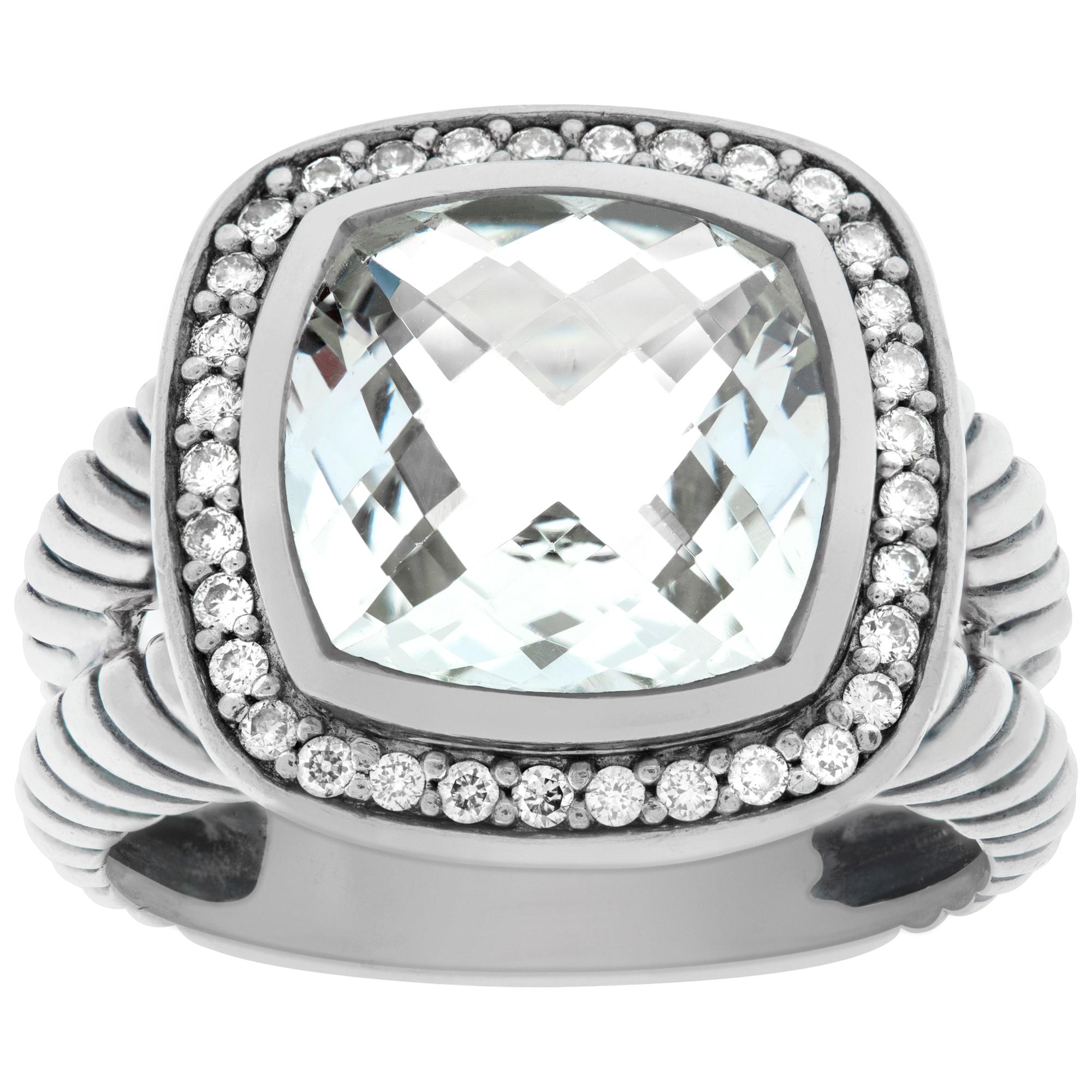 David Yurman Albion Prasiolite Ring in sterling silver with halo of round pave set diamonds (0.22 cts). Prasoilite weighs 9.2 carats. Size 6.5.This David Yurman ring is currently size 6.5 and some items can be sized up or down, please ask! It weighs