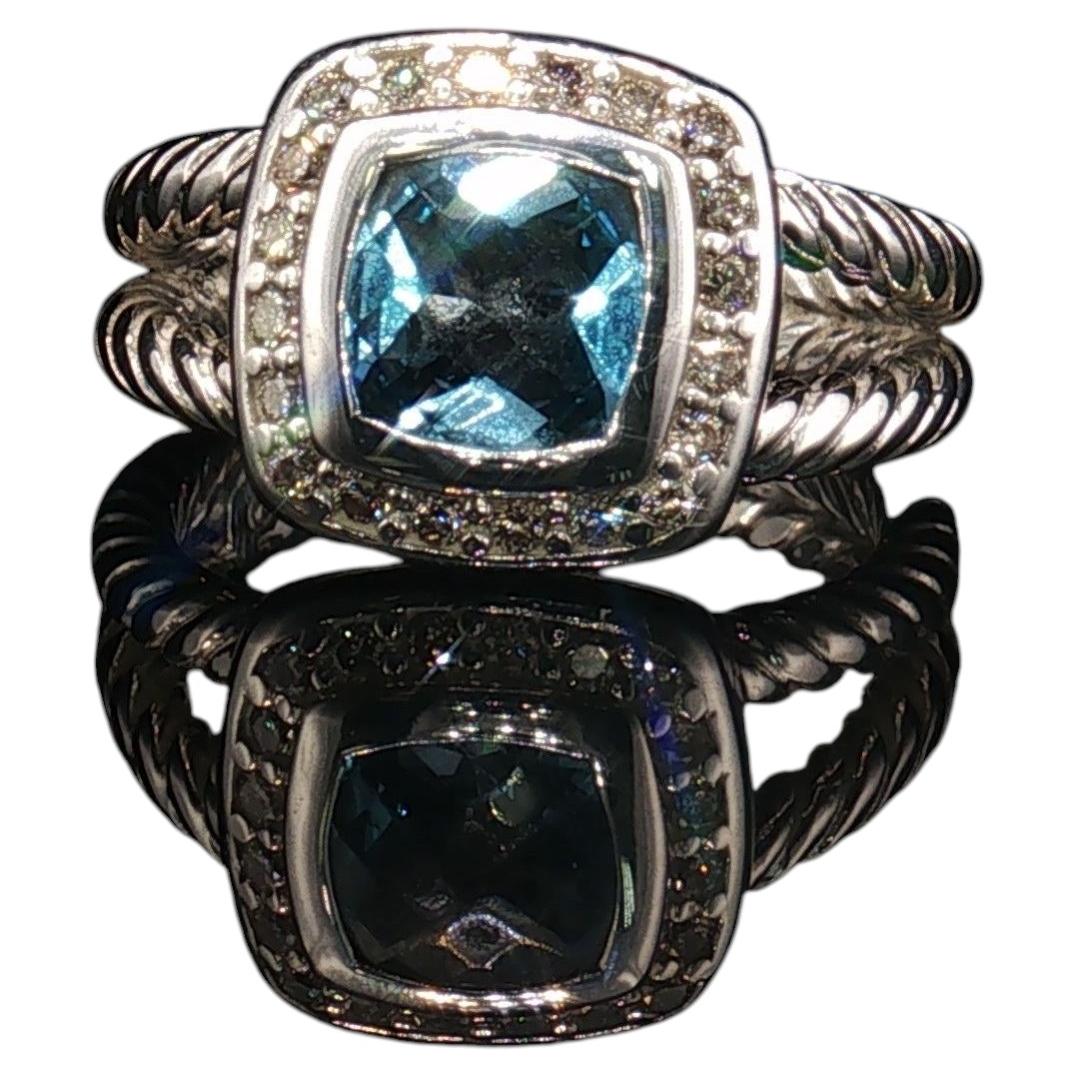 David Yurman Albion Ring Blue Topaz Diamond Halo Sterling Silver Size 5 Vintage For Sale