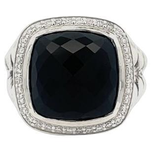 David Yurman Albion Ring Cushion Black Onyx 7.00CT Round Melle 0.70CT Silver For Sale
