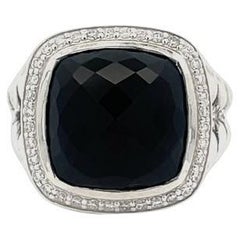 David Yurman Anello Albion Cuscino Onice Nera 7,00CT Rotondo Melle 0,70CT A. Silver