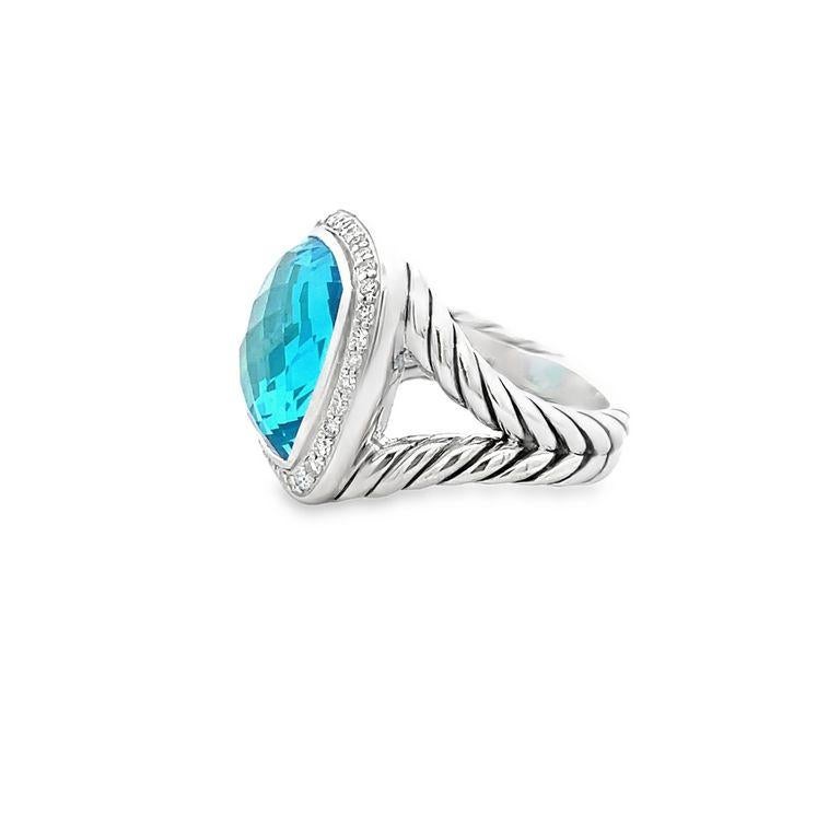 David Yurman Albion Ring Cushion Blue Topaz 7.00CT Round Melle 0.70CT Silver In New Condition For Sale In New York, NY
