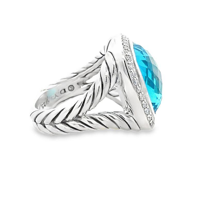 Women's or Men's David Yurman Albion Ring Cushion Blue Topaz 7.00CT Round Melle 0.70CT Silver For Sale