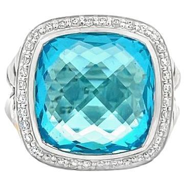 David Yurman Albion Ring Cushion Blue Topaz 7.00CT Round Melle 0.70CT Silver
