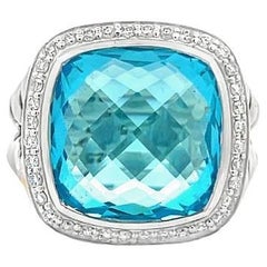 David Yurman Anello Albion Topazio Blu a Cuscino 7,00CT Rotondo Melle 0,70CT A. Silver