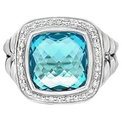 David Yurman Anello Albion Topazio Blu a Cuscino 7,00CT Rotondo Melle 0,70CT A. Silver