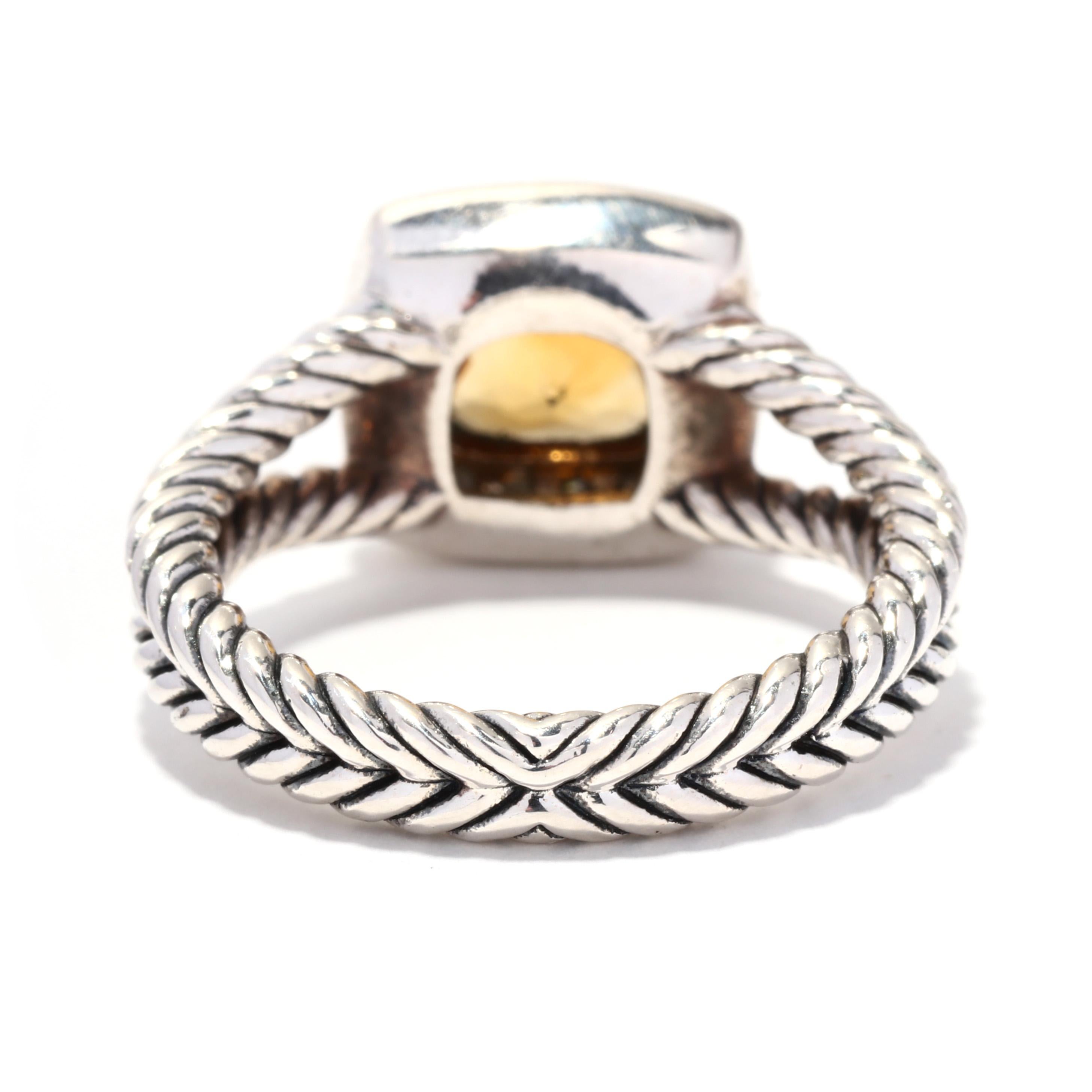Cushion Cut David Yurman Albion Ring, Sterling Silver, 1.62 ctw Citrine and Diamond