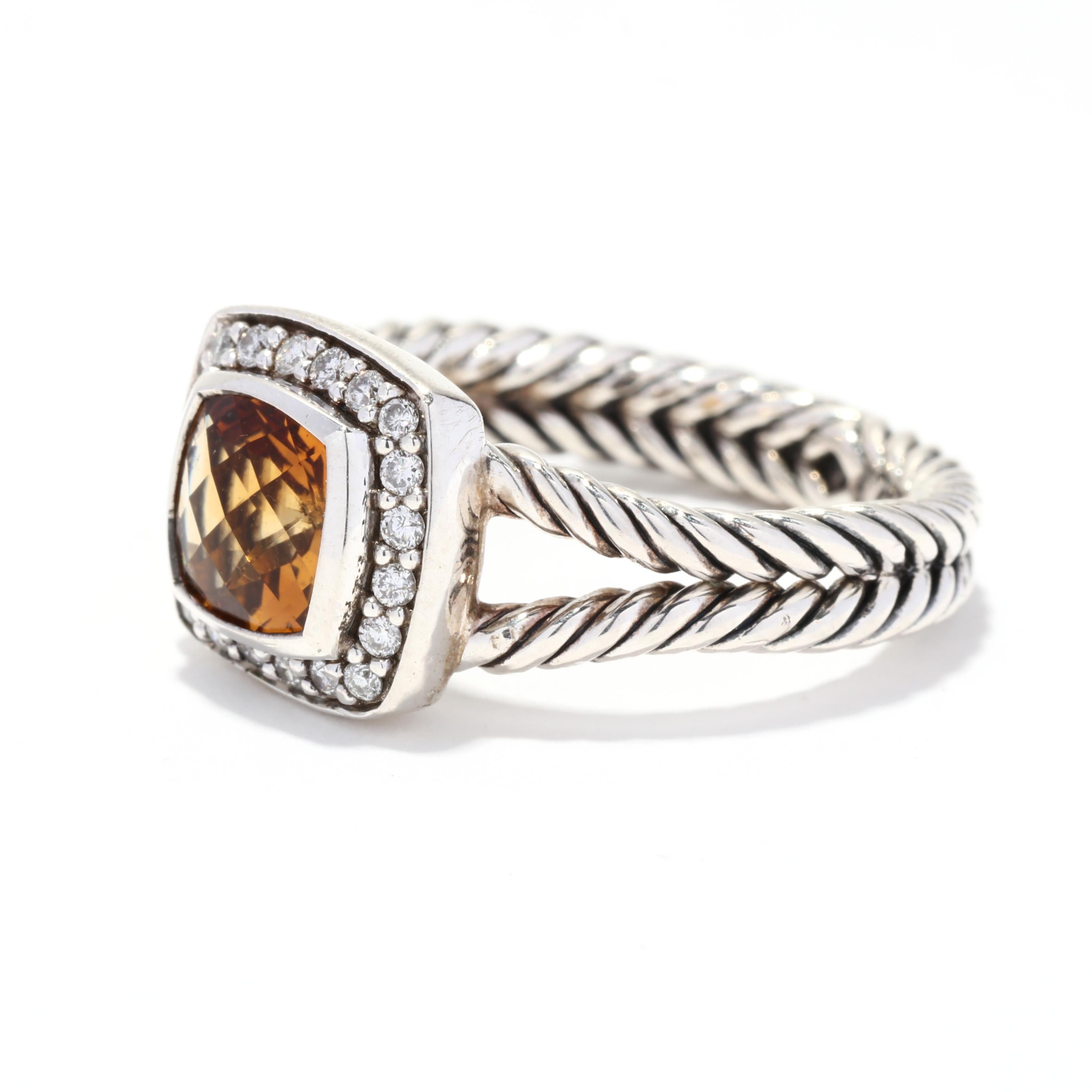 David Yurman Albion Ring, Sterling Silver, 1.62 ctw Citrine and Diamond In Good Condition In McLeansville, NC