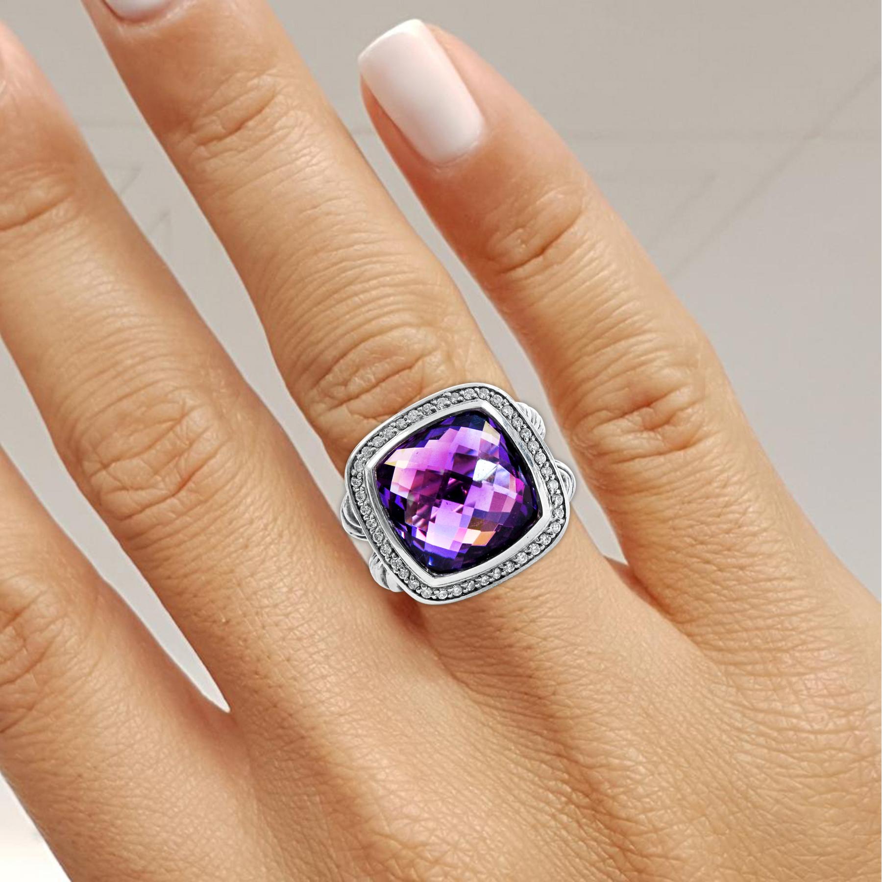 This classic and modern David Yurman ring features a princess-cut 14mm by 14mm  faceted amethyst and 0.3-carat pave diamonds that accents around it. It is further accented by a sterling silver shank design. It weighs 15.6 grams, 18.5 mm wide and the