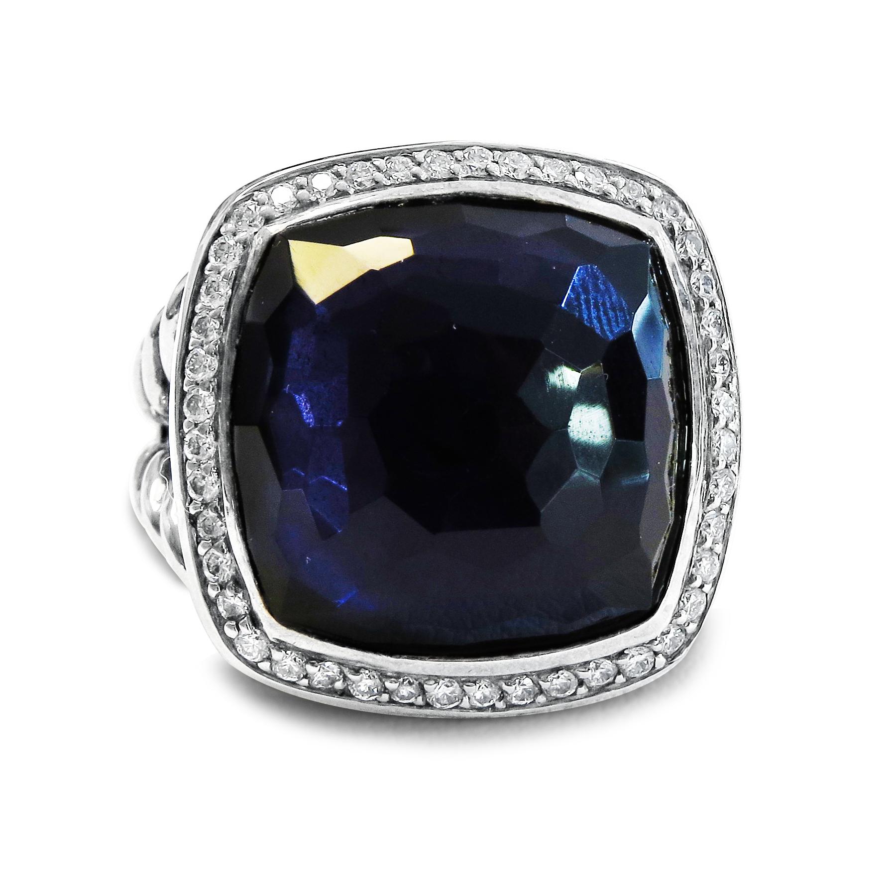 This classic and modern David Yurman ring features a princess-cut 17mm by 17mm  faceted amethyst and 0.42-carat pave diamonds that accents around it. It is further accented by a sterling silver shank design. It weighs 17.7 grams, 21mm wide and the