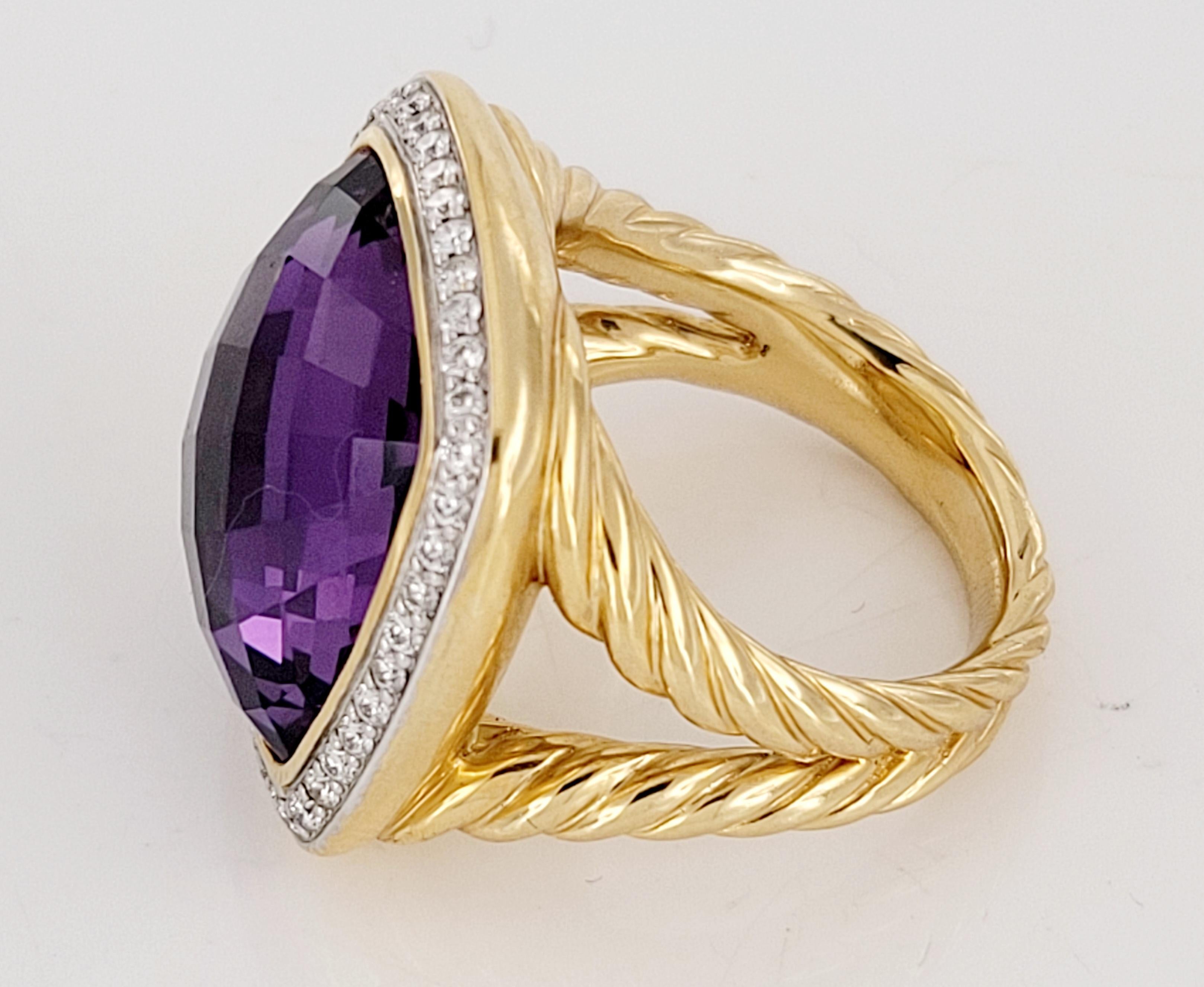 Brand David Yurman  
18-Karat Yellow Gold 
Faceted Amethyst 16.5 X 16.5mm 
Pave Diamonds 0.42ct total carat weight
Ring Wide 21.2X21.6mm 
Ring Size 7.25

New without Tags ( Never worn) 
David Yurman ring box included
Retail Price $6150