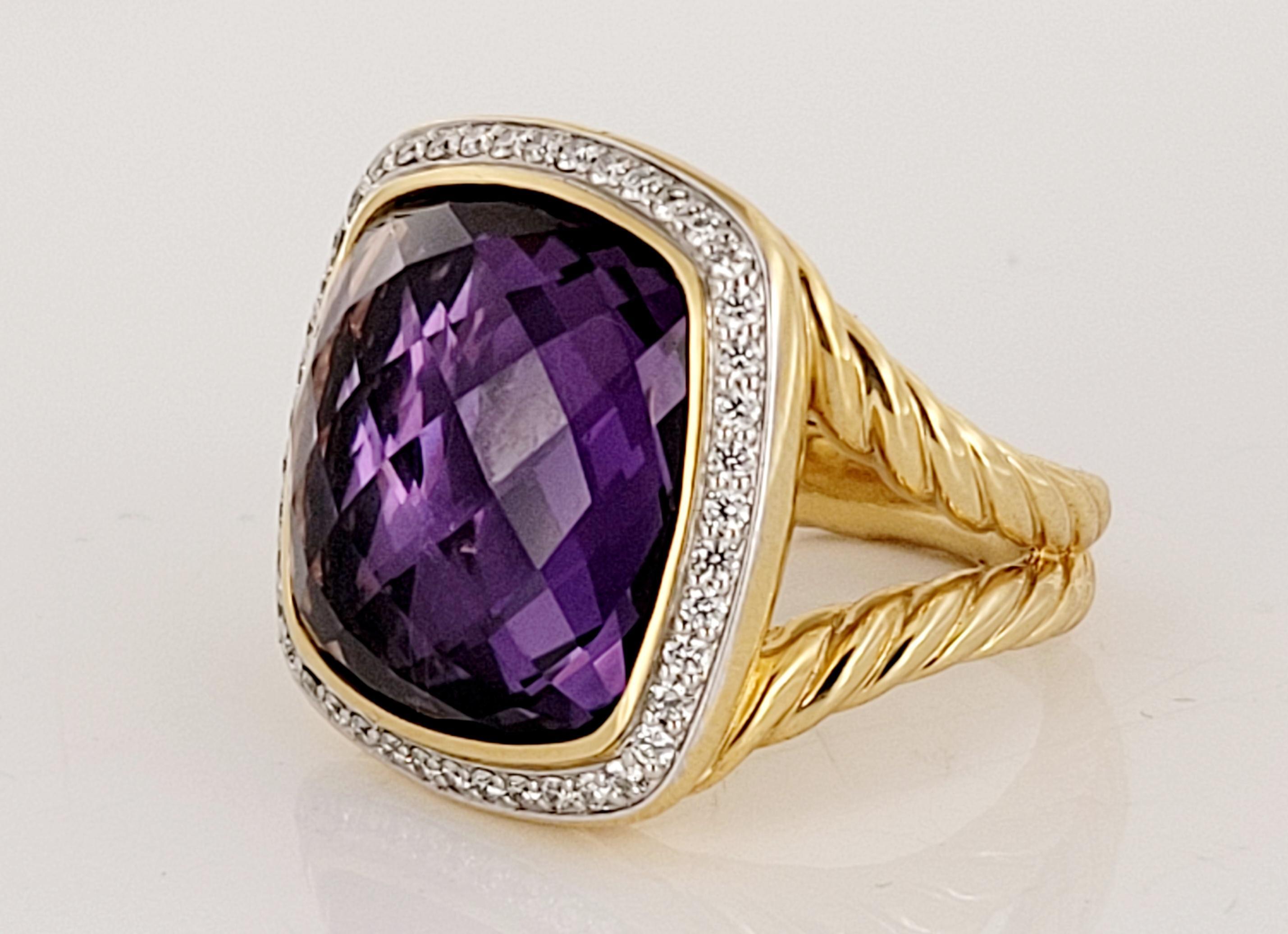 Round Cut David Yurman Albion Ring with Amethyst and Diamonds in 18k Gold