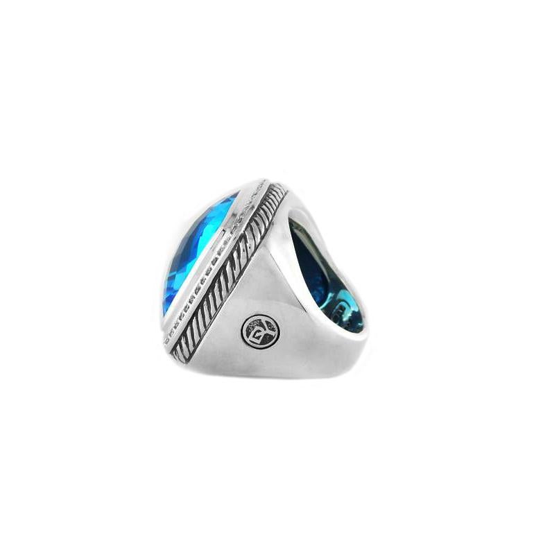 The Albion Collection
-Sterling silver
-Ring size:6
-Faceted blue topaz, 20mm
-Pave diamonds, 0.44 total carat weight
-Ring, 26mm wide
New without Tags (never worn)
*David Yurman box, pouch included.
RETAIL: $ 2900