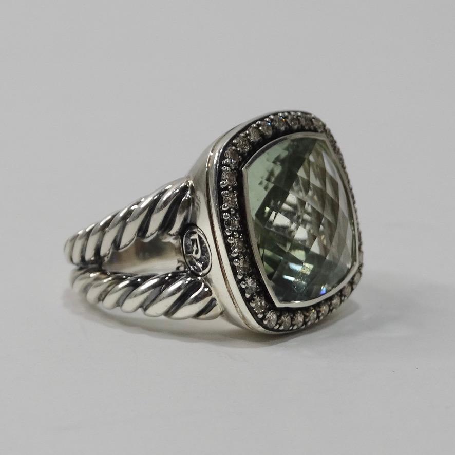 Dazzling David Yurman diamond encrusted ring! If you are on the market for something eye catching and sparkly look no further! The center stone is a light emerald color prasiolite stone surrounded by pavé diamonds. The band is a silver rope style