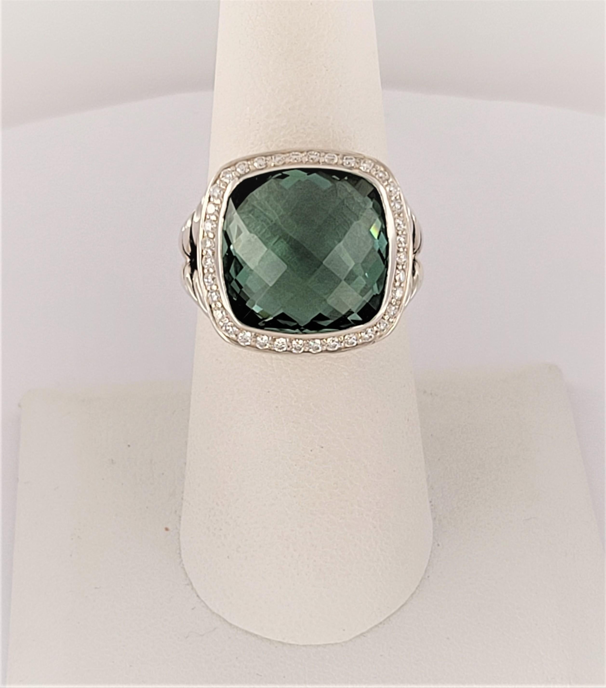 Brand David Yurman 
Albion Ring with Prasiolite and Diamonds 
Pave-set diamonds, 0.22 total carat weight
Albion 13.6mm 
Material Sterling Silver
Ring Size 8
Ring Weight 10.9gr 
Gender Women
Condition New, never worn
Comes with David Yurman  Pouch 