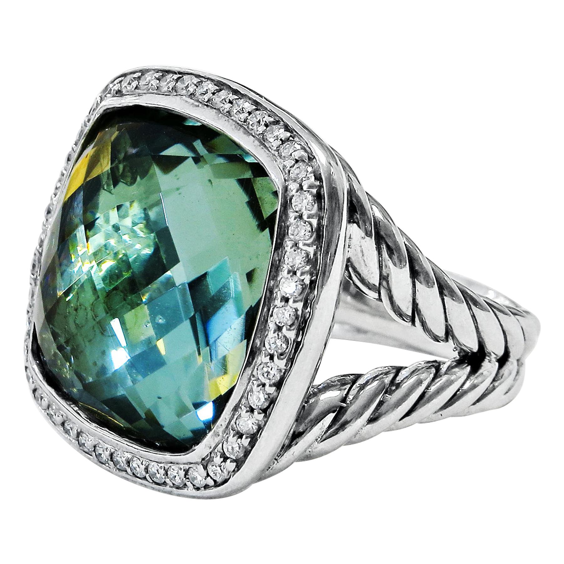 David Yurman 17mm  Albion Ring With Prasiolite and Diamonds For Sale