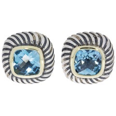 David Yurman Albion Silver and Gold Cushion Blue Topaz Stud Earrings