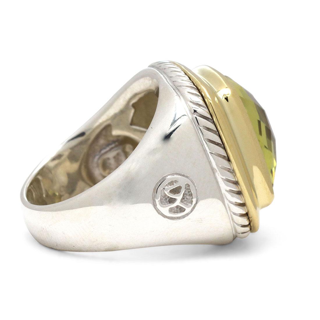 Square Cut David Yurman Albion Silver, Gold, and Peridot Ring