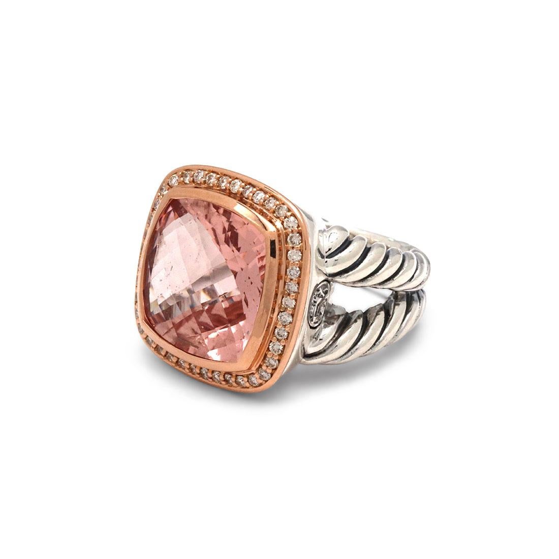 Authentic David Yurman Albion ring crafted in sterling silver and 18 karat rose gold. This ring features a cushion-cut morganite stone. The ring is set with round brilliant cut diamonds with an estimated 0.25 carats total weight. Signed D.Y., 925,