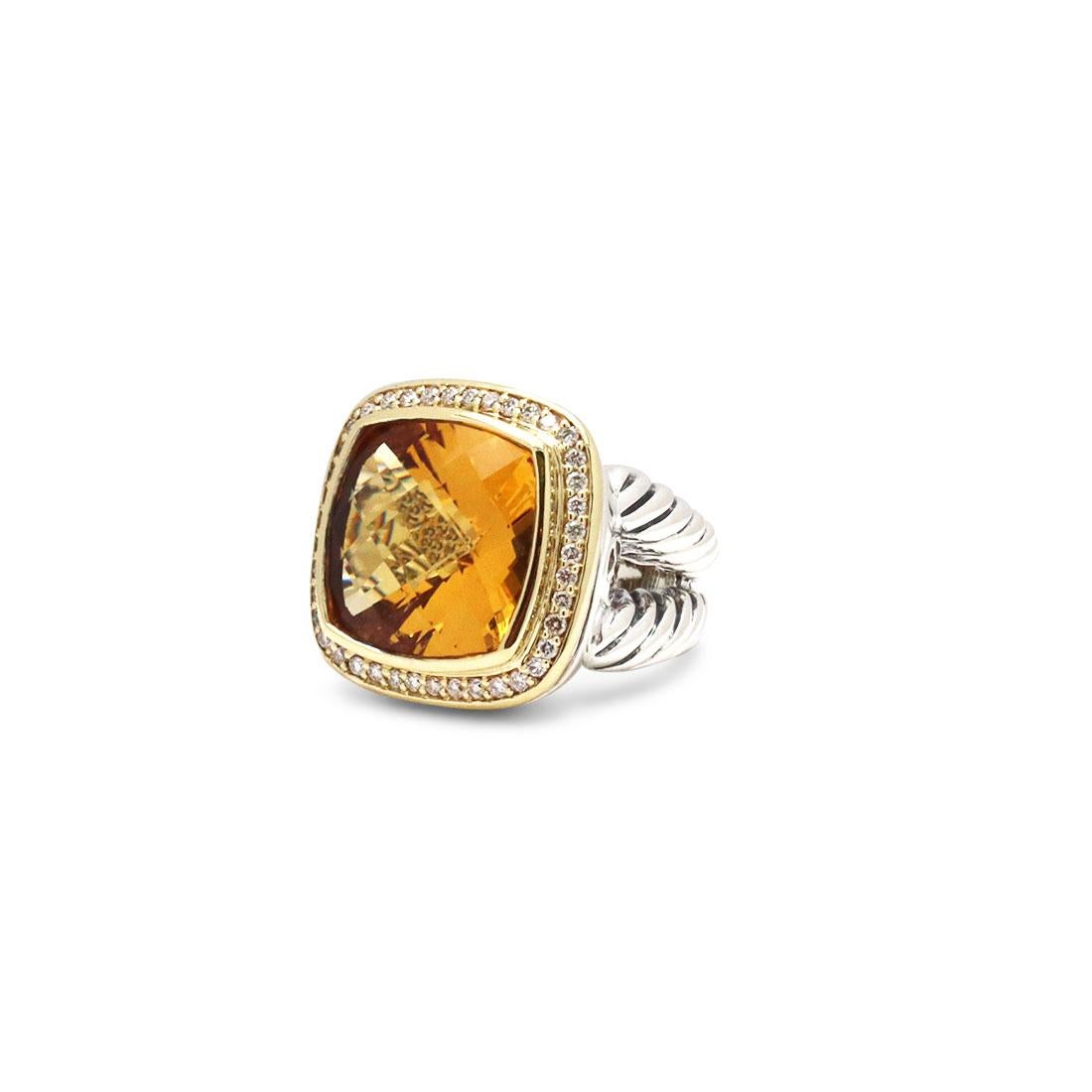 Authentic David Yurman Albion ring crafted in 18 karat yellow gold and sterling silver. This ring features a cushion cut faceted citrine stone. The ring is set with approximately 0.40 carats of round brilliant cut diamonds. Signed DY, 925, 750. Ring