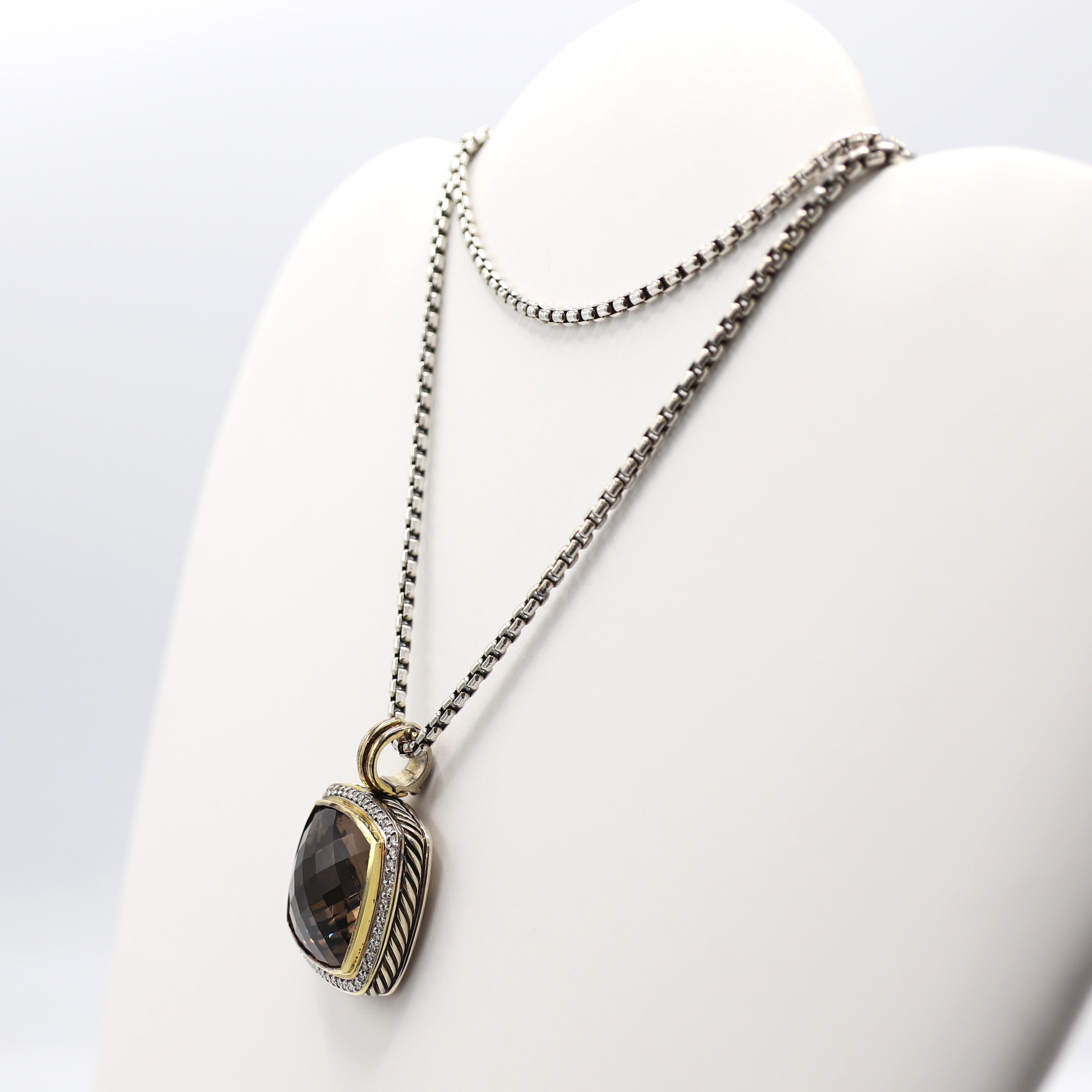 David Yurman Albion Smoky Quartz & Diamond Large Enhancer Necklace on Box Chain In Excellent Condition In  Baltimore, MD