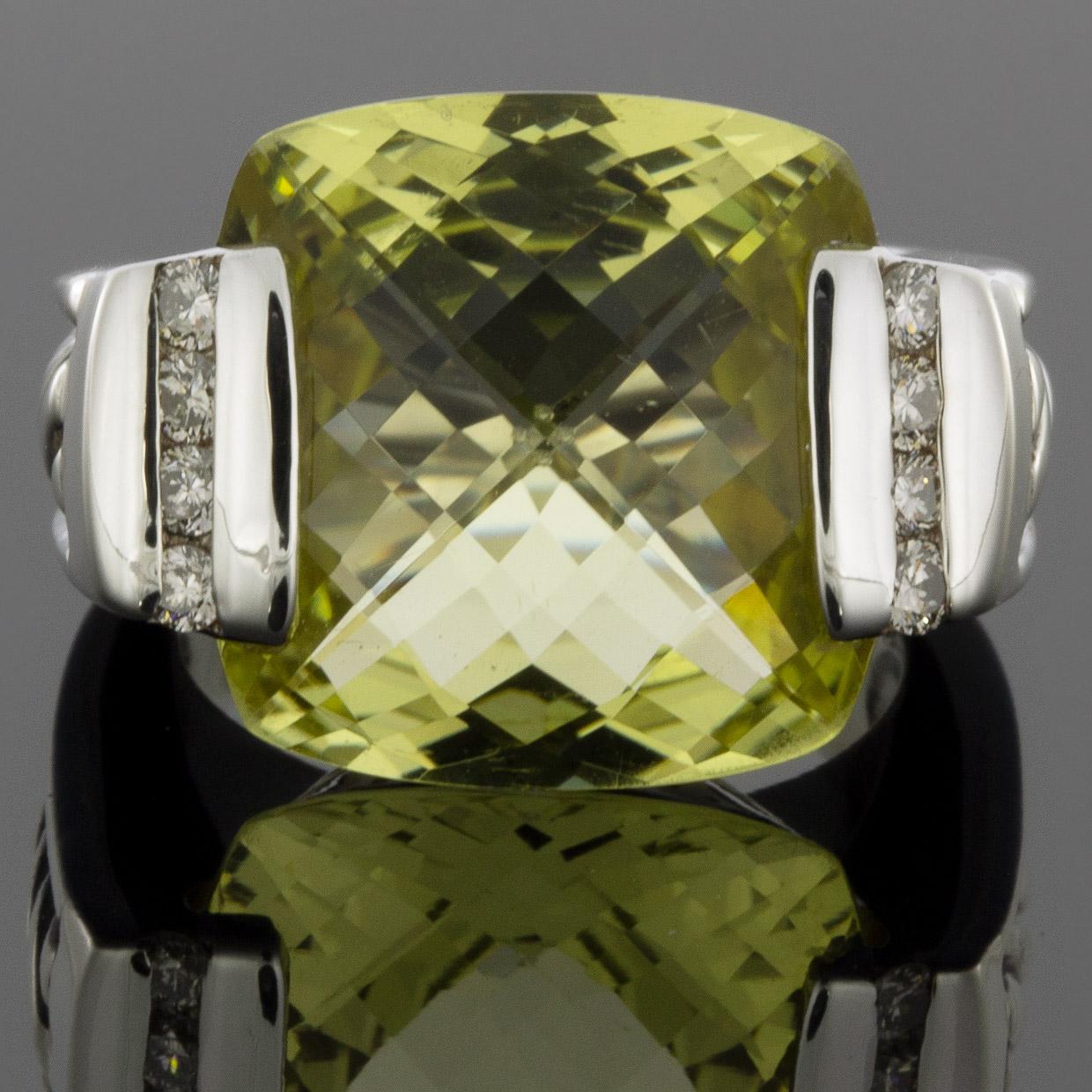 Cushion Cut David Yurman Deco Sterling Silver Cushion Prasiolite & Diamond Ring