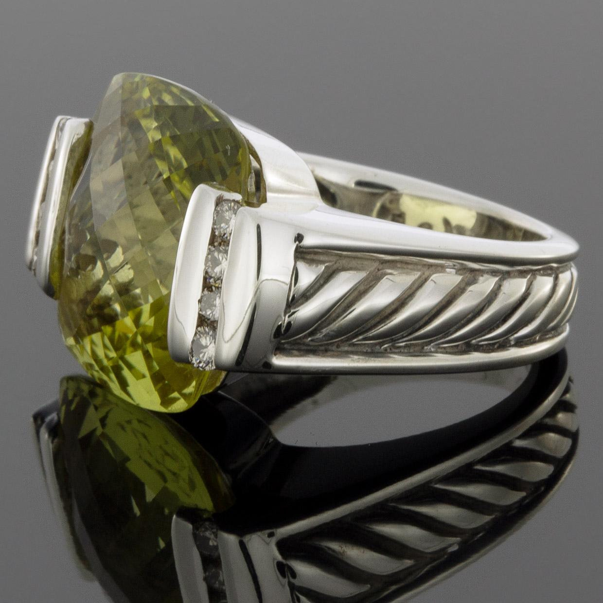 David Yurman Deco Sterling Silver Cushion Prasiolite & Diamond Ring In Excellent Condition In Columbia, MO