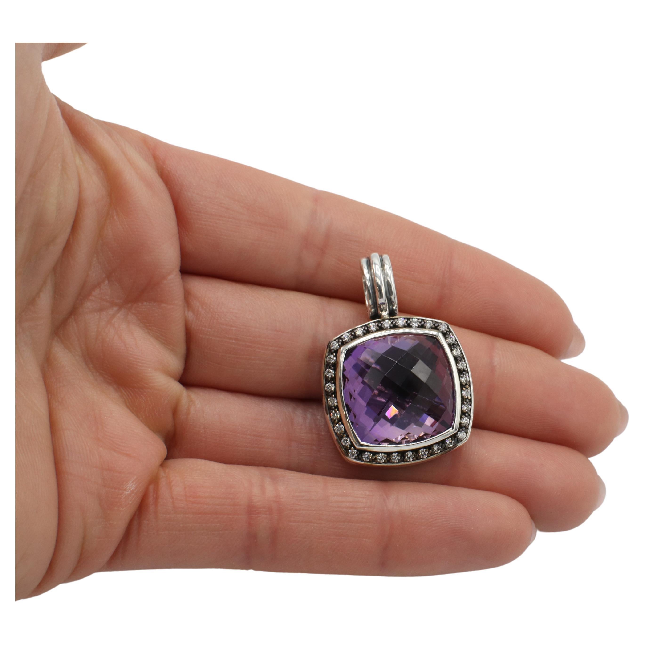 Round Cut David Yurman Albion Sterling Silver Amethyst & Natural Diamond Pendant Enhancer