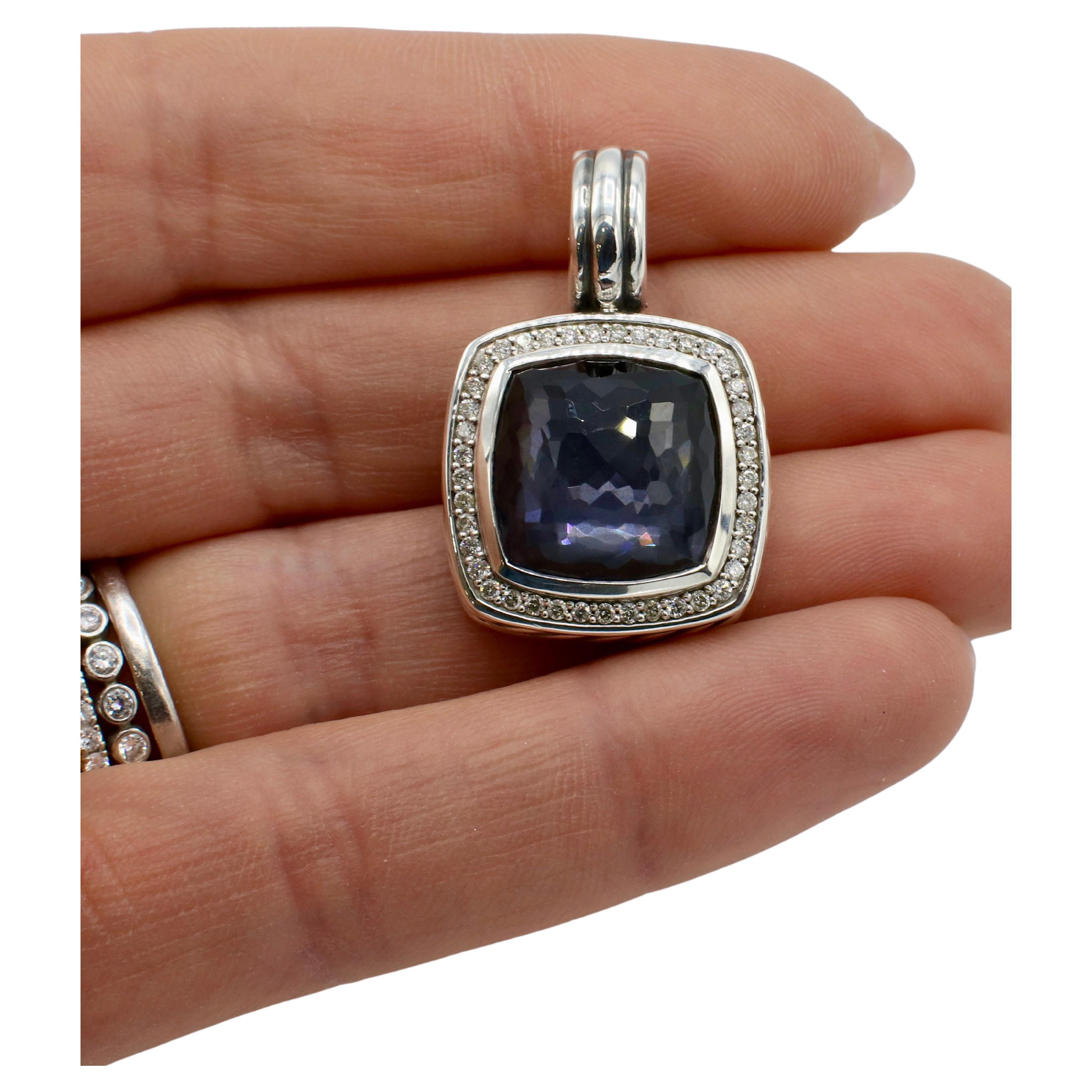 Round Cut David Yurman Albion Sterling Silver Black Orchid & Natural Diamond Pendant 14mm
