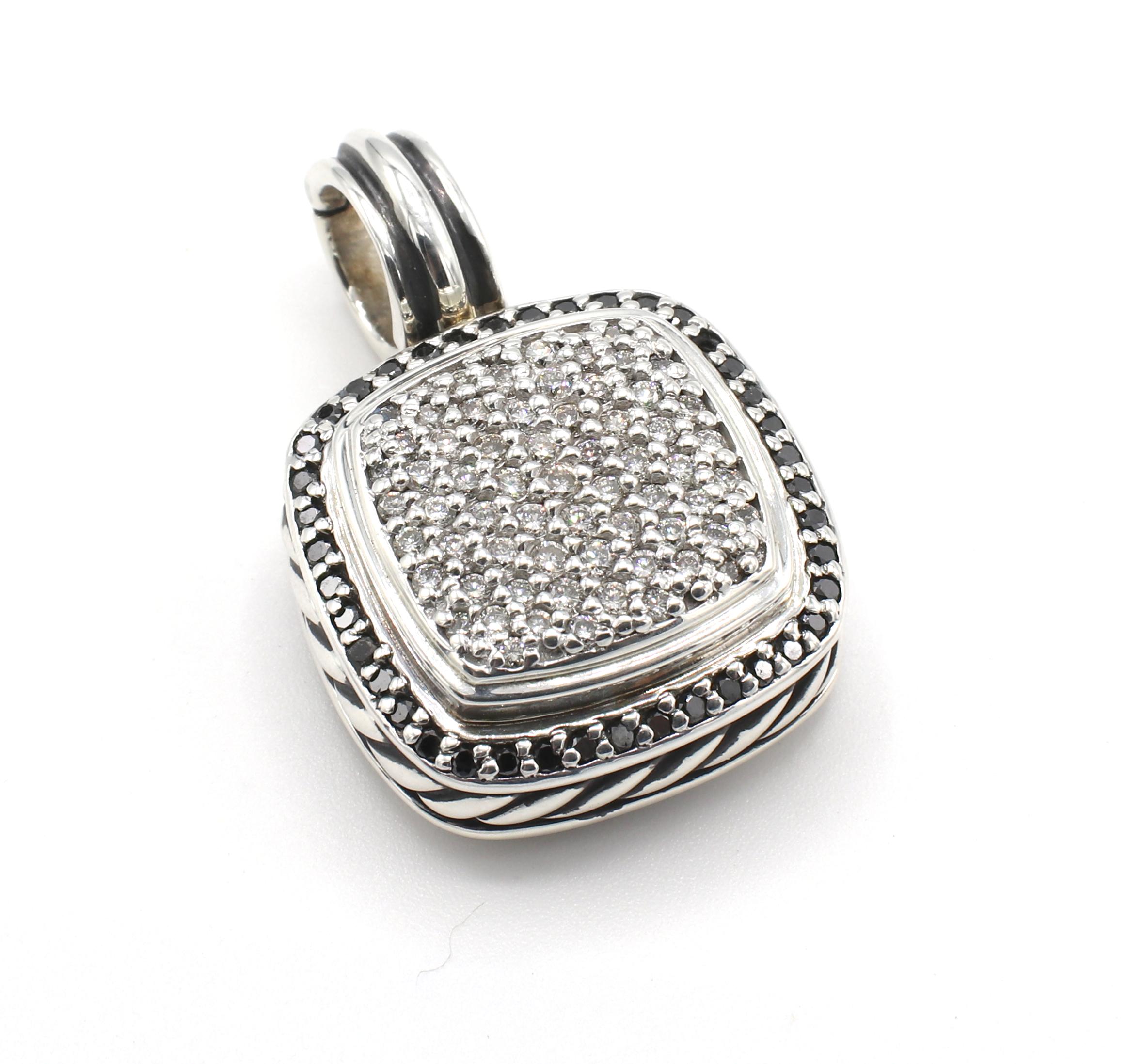 David Yurman Albion Sterling Silver Black & White Pave Diamond Pendant Enhancer 
Metal: Sterling silver 925
Weight: 11.16 grams
Diamonds: Approx. .60 CTW  white diamonds, approx. .25 CTW black diamonds
Length: 30mm (including bale)
Width: