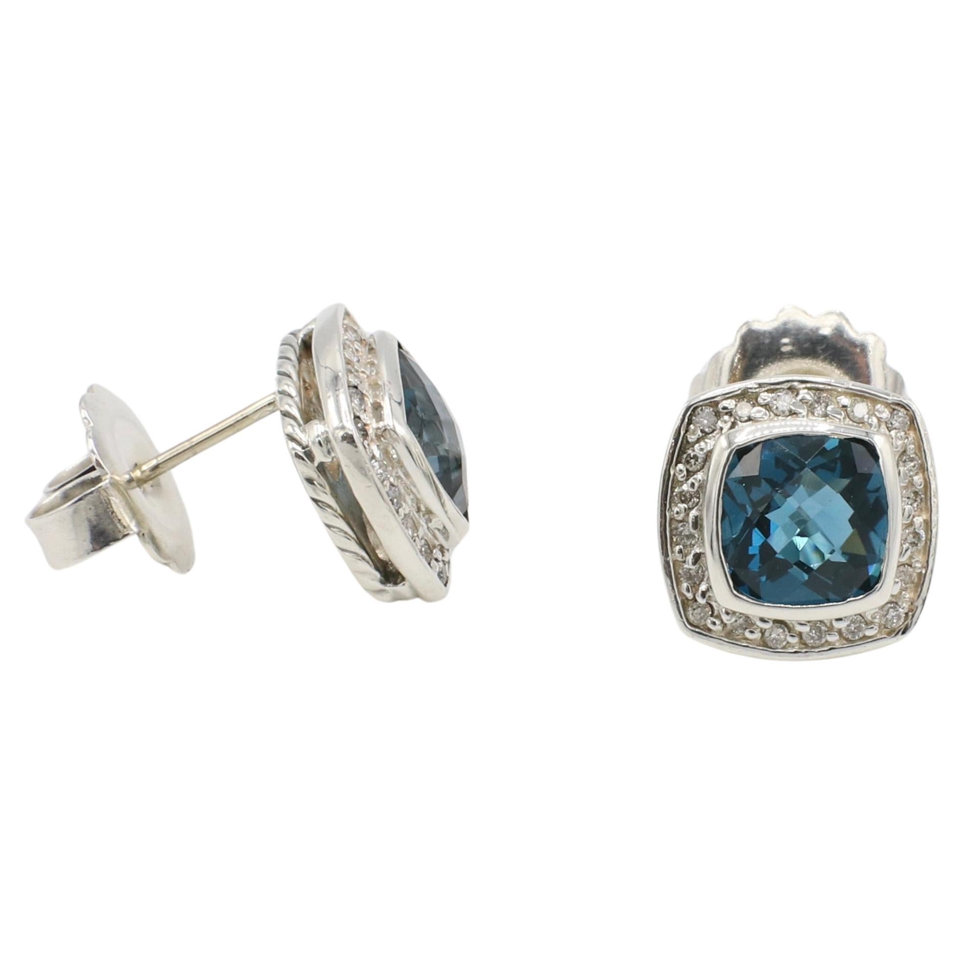 Modern David Yurman Albion Sterling Silver Blue Topaz & Natural Diamond Stud Earrings