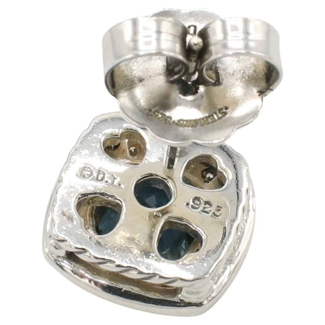 Round Cut David Yurman Albion Sterling Silver Blue Topaz & Natural Diamond Stud Earrings