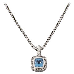 David Yurman Albion Silver & Gold Cushion Blue Topaz & Diamond Pendant Necklace