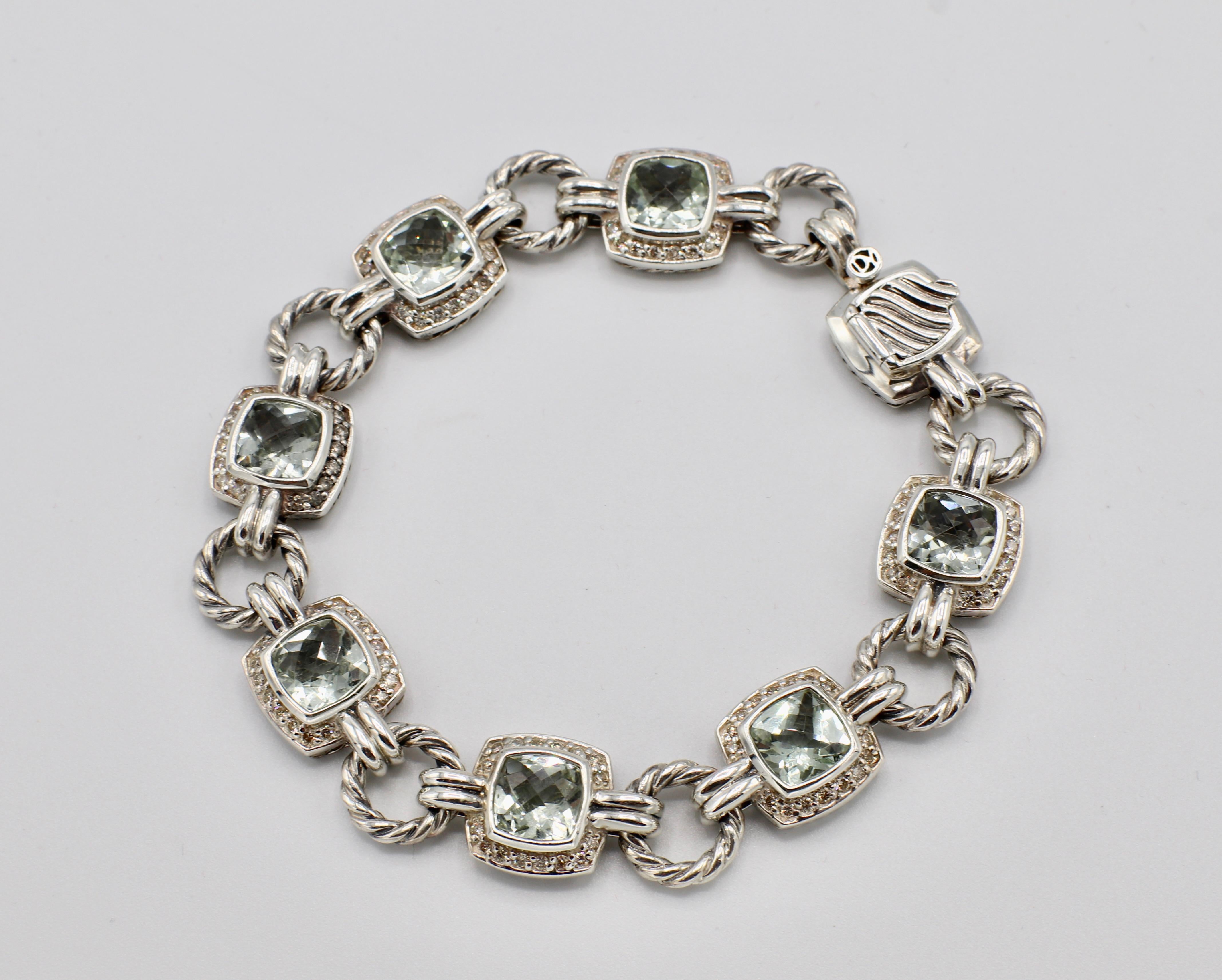 David Yurman Albion Sterling Silver Diamond & Prasiolite Bracelet 

Metal: Sterling Silver
Weight: 29.14 grams
Diamonds: Approx. 2.00 CTW G-H VS-SI 
Length: 7.5 inches
Width: 12mm 
