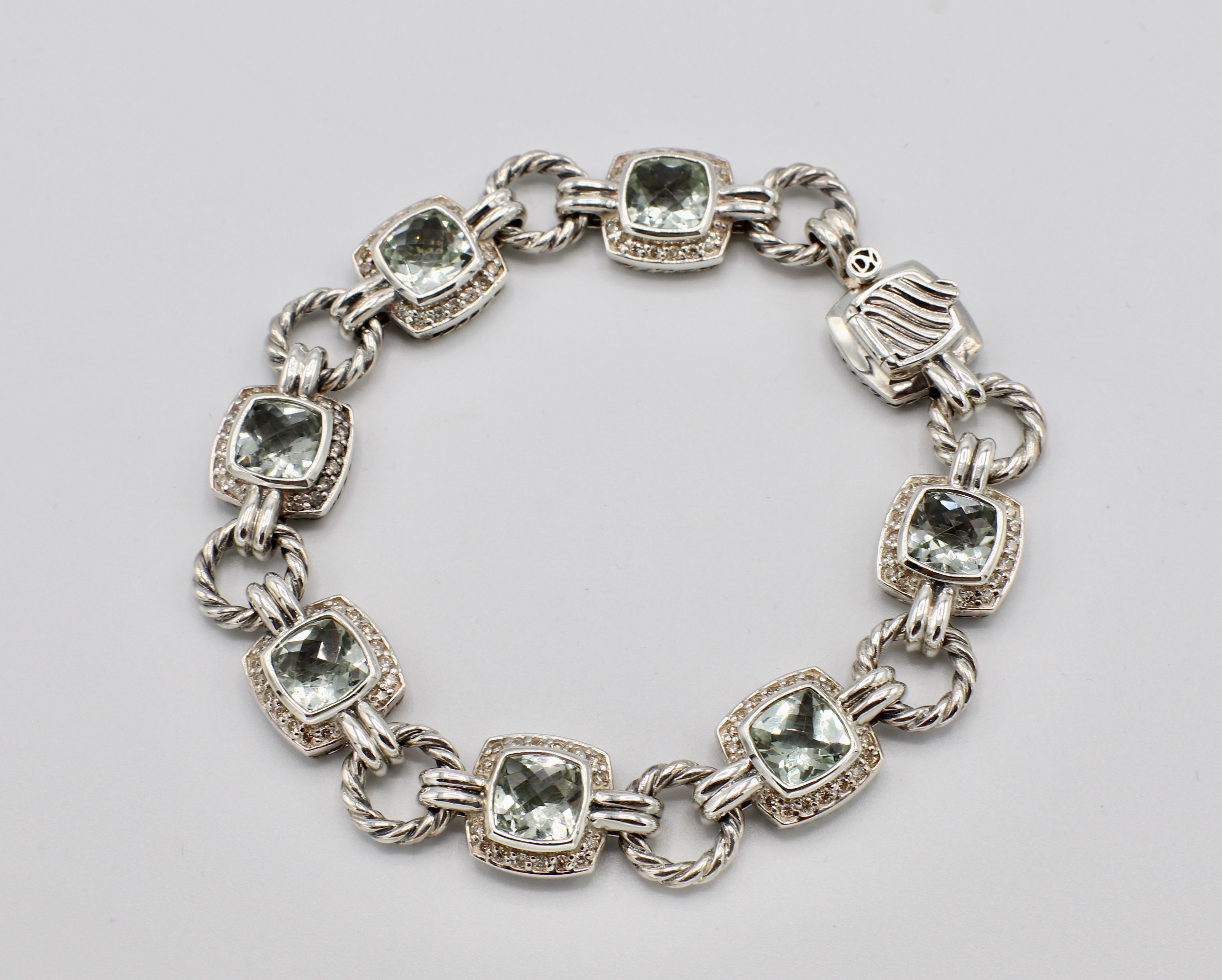 David Yurman Albion Sterling Silber Diamant & Prasiolith Armband 

Metall: Sterling Silber
Gewicht: 29,14 Gramm
Diamanten: Ca. 2,00 CTW G-H VS-SI 
Länge: 7,5 Zoll
Breite: 12 mm 
