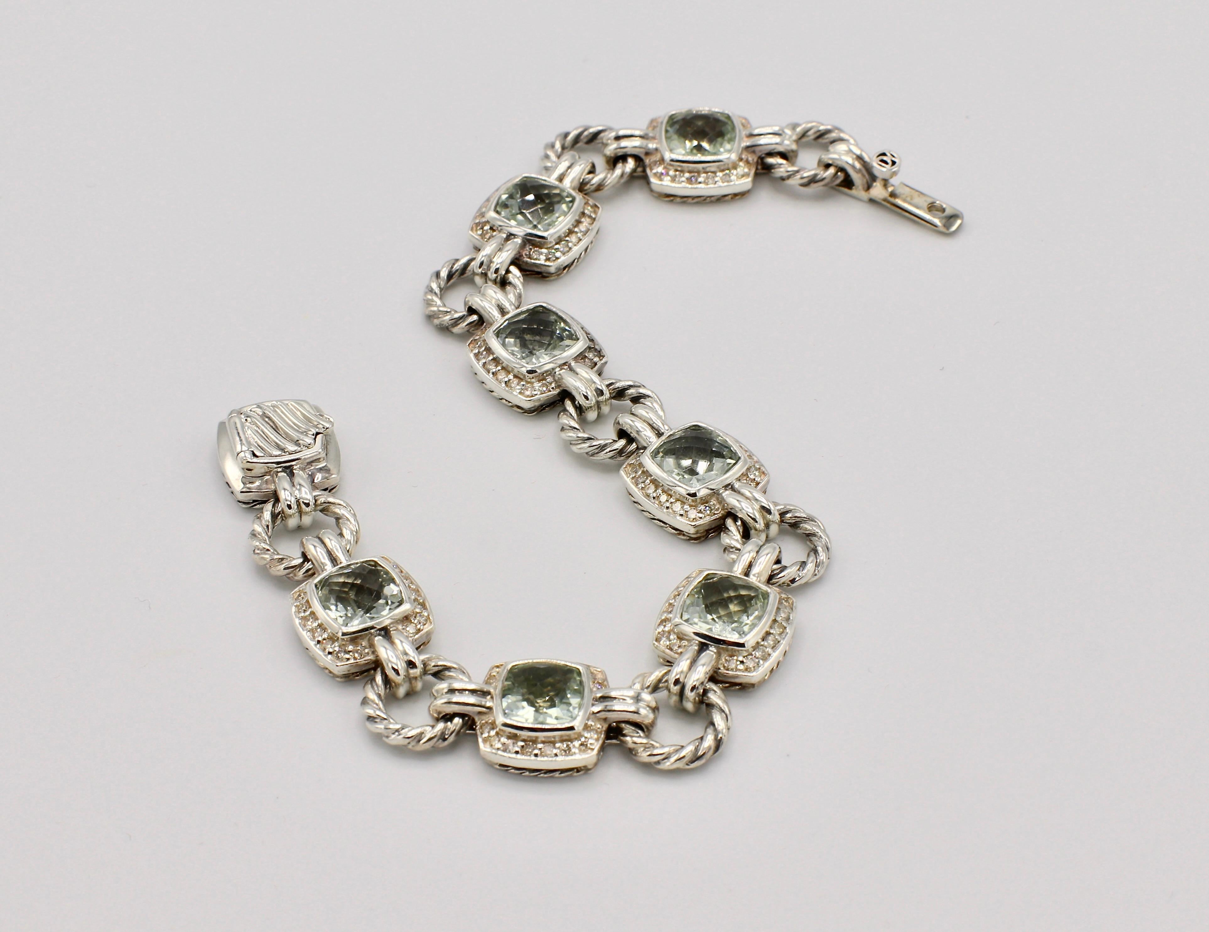 David Yurman Albion Sterling Silver Diamond and Prasiolite Bracelet In Good Condition In  Baltimore, MD