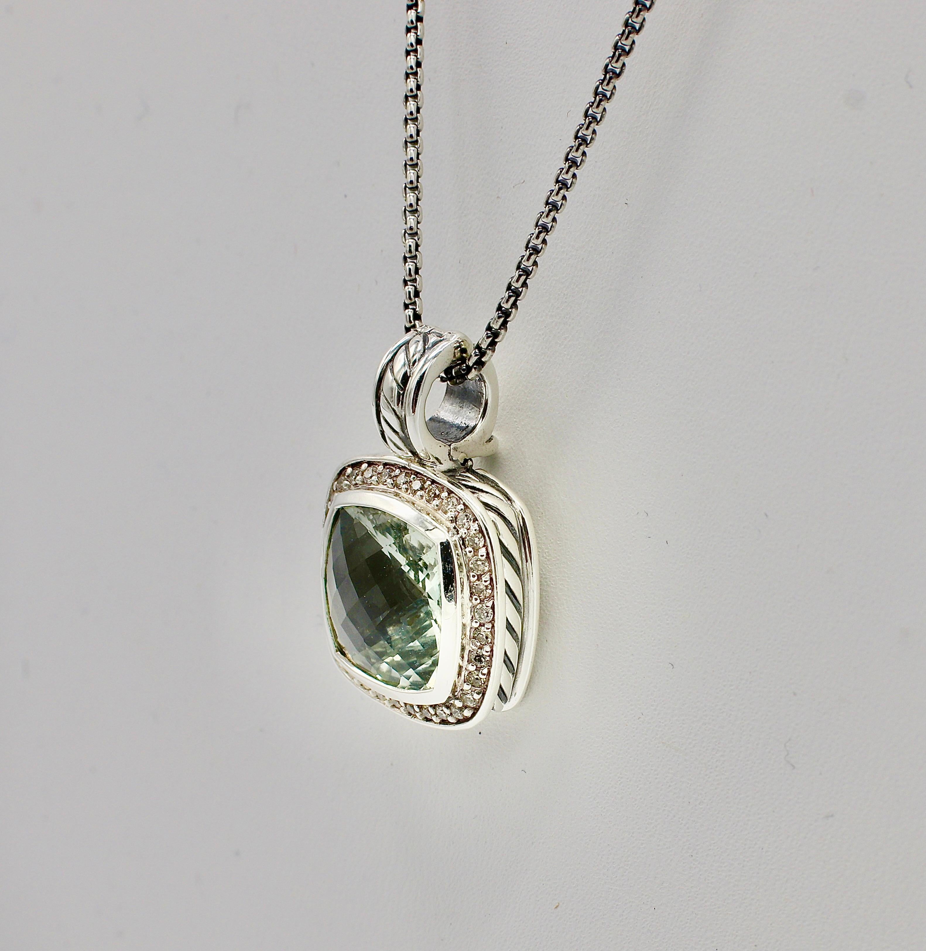 David Yurman Albion Sterling Silver Diamond & Prasiolite Pendant on Box Chain Necklace 

Meal: Sterling silver
Weight: 12 grams
Diamonds: Approx. .30 CTW G VS
Prasiolite: 10 x 10mm
Pendant: 24 x 16 (including bale)
Chain: 17 inches, adjustable to 16