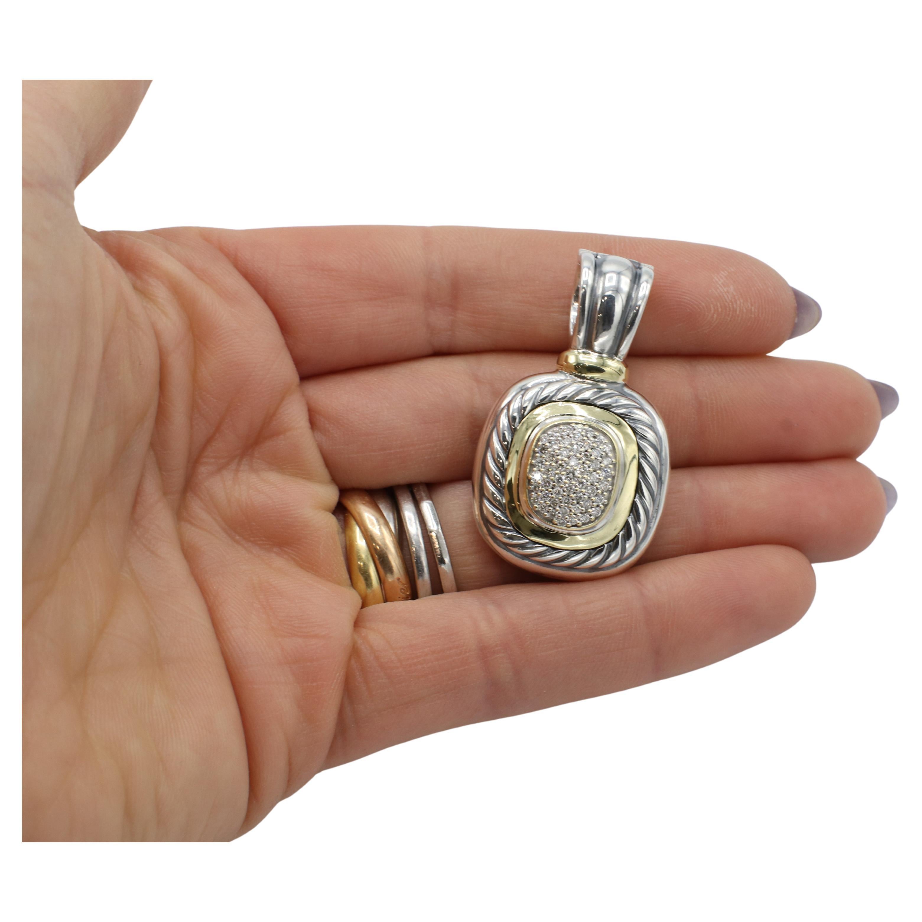 Round Cut David Yurman Albion Sterling Silver & Gold Pavé Natural Diamond Enhancer Pendant