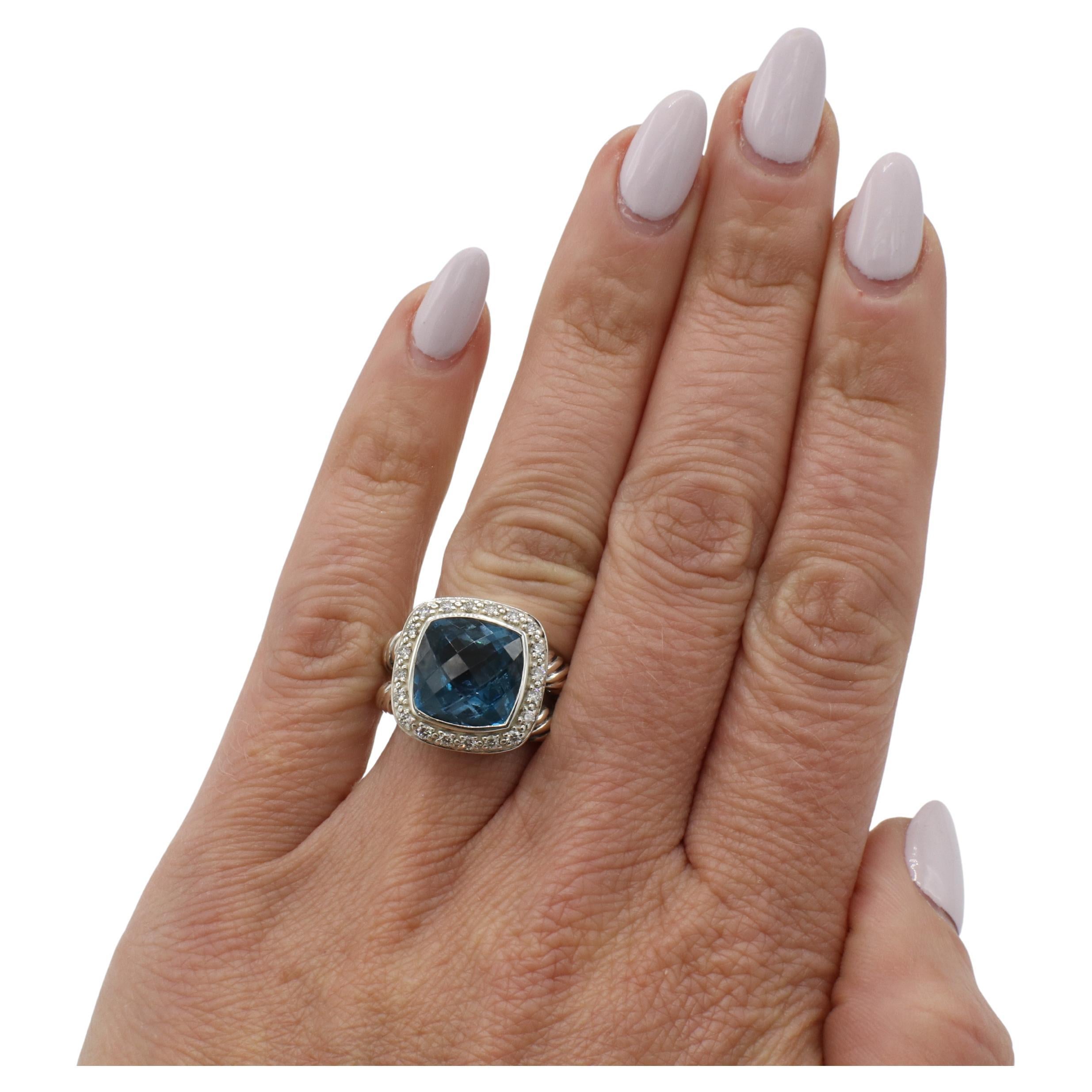 David Yurman Albion Sterling Silber London Blau Topas Natürlicher Diamant Halo Ring (Kissenschliff) im Angebot